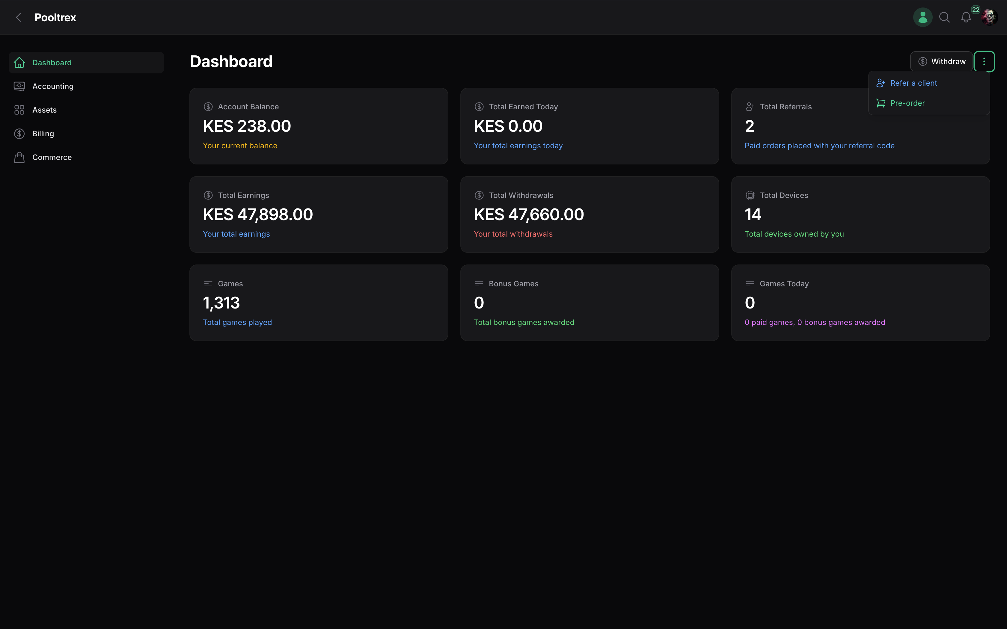 Pooltrex owner dashboard with balance, earnings, games, and devices